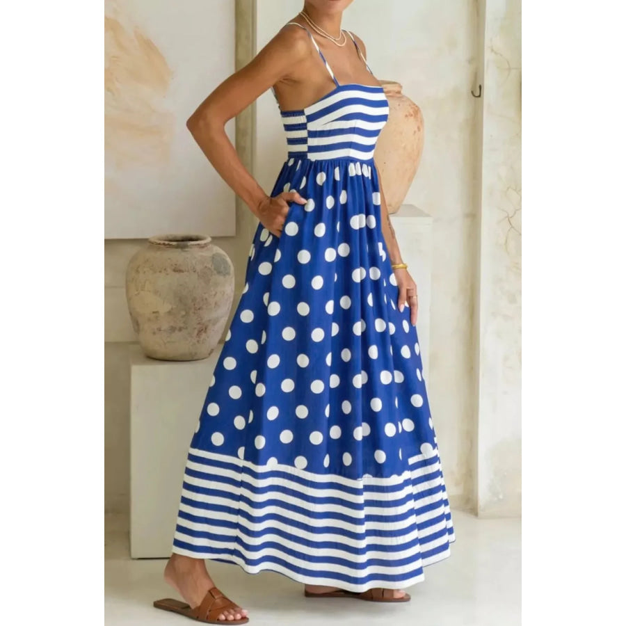 Striped Polka Dot Patchwork High Waist Spaghetti Straps Maxi Dress Apparel and Accessories