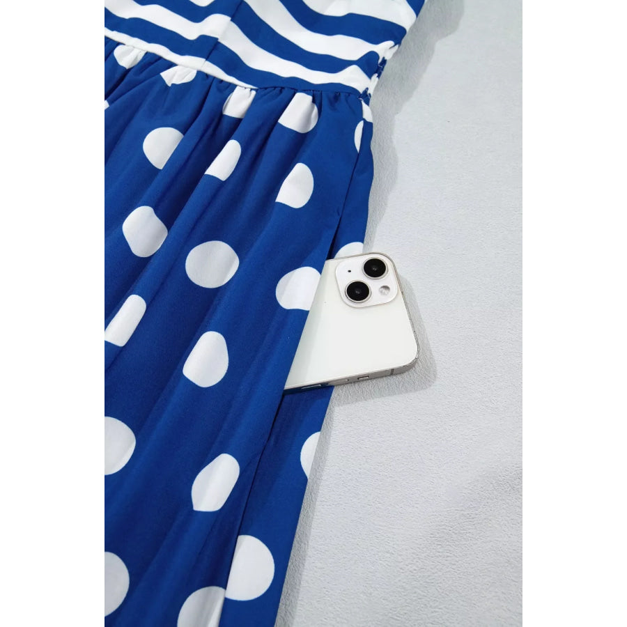 Striped Polka Dot Patchwork High Waist Spaghetti Straps Maxi Dress Apparel and Accessories