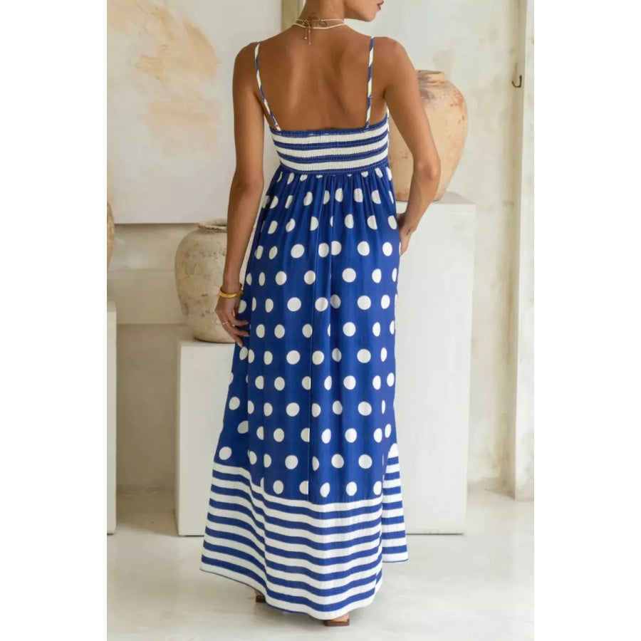 Striped Polka Dot Patchwork High Waist Spaghetti Straps Maxi Dress Apparel and Accessories