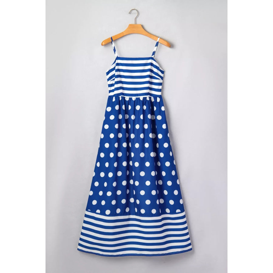 Striped Polka Dot Patchwork High Waist Spaghetti Straps Maxi Dress Apparel and Accessories