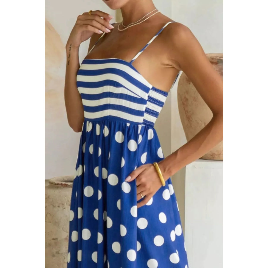 Striped Polka Dot Patchwork High Waist Spaghetti Straps Maxi Dress Apparel and Accessories