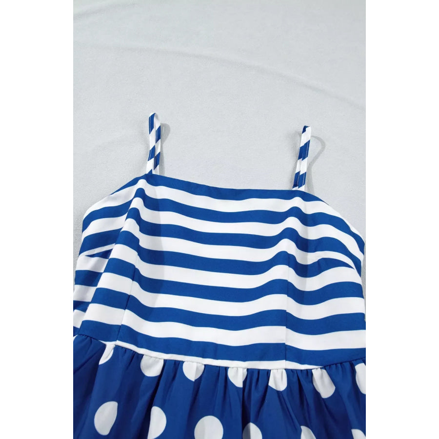 Striped Polka Dot Patchwork High Waist Spaghetti Straps Maxi Dress Apparel and Accessories