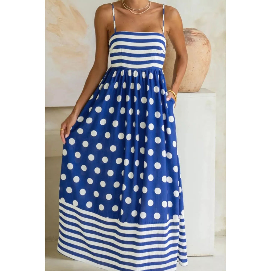 Striped Polka Dot Patchwork High Waist Spaghetti Straps Maxi Dress Apparel and Accessories