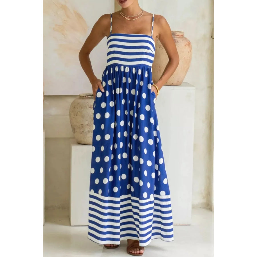 Striped Polka Dot Patchwork High Waist Spaghetti Straps Maxi Dress Navy / S Apparel and Accessories