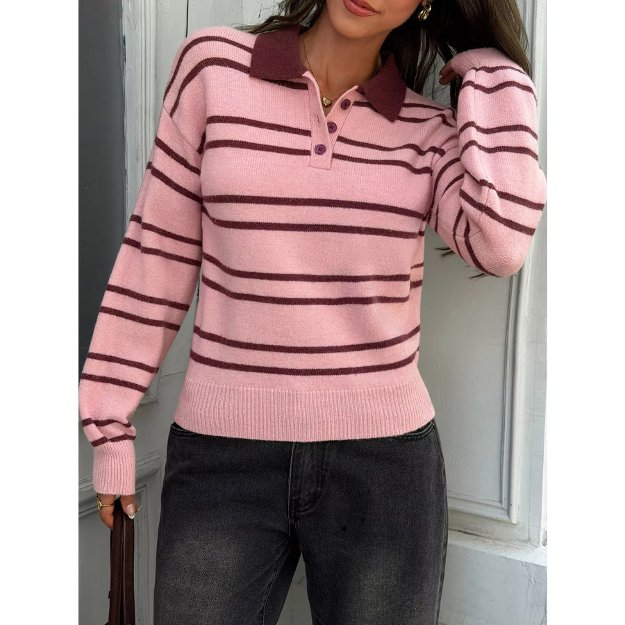 Striped Polo Collar Dropped Shoulder Sweater Apparel and Accessories