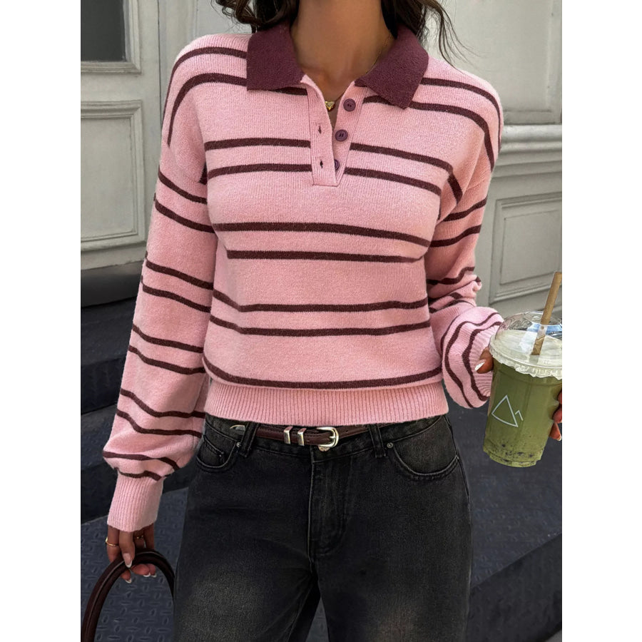 Striped Polo Collar Dropped Shoulder Sweater Apparel and Accessories