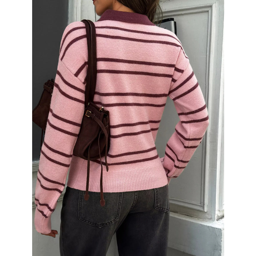 Striped Polo Collar Dropped Shoulder Sweater Apparel and Accessories