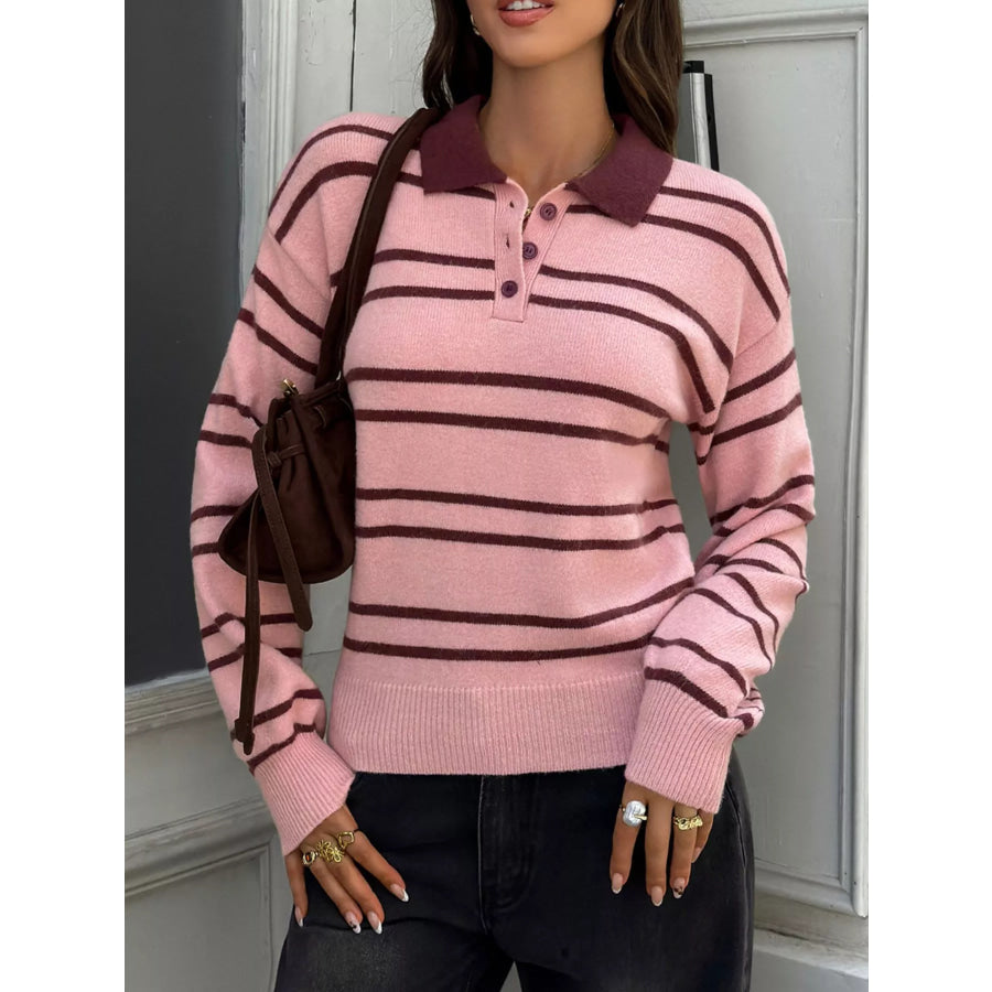 Striped Polo Collar Dropped Shoulder Sweater Pink And Brown Stripes / S Apparel and Accessories