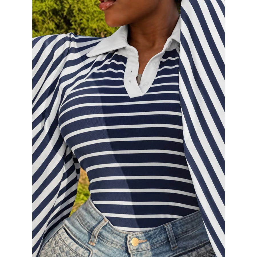 Striped Polo Collar Flare Sleeve Top Apparel and Accessories