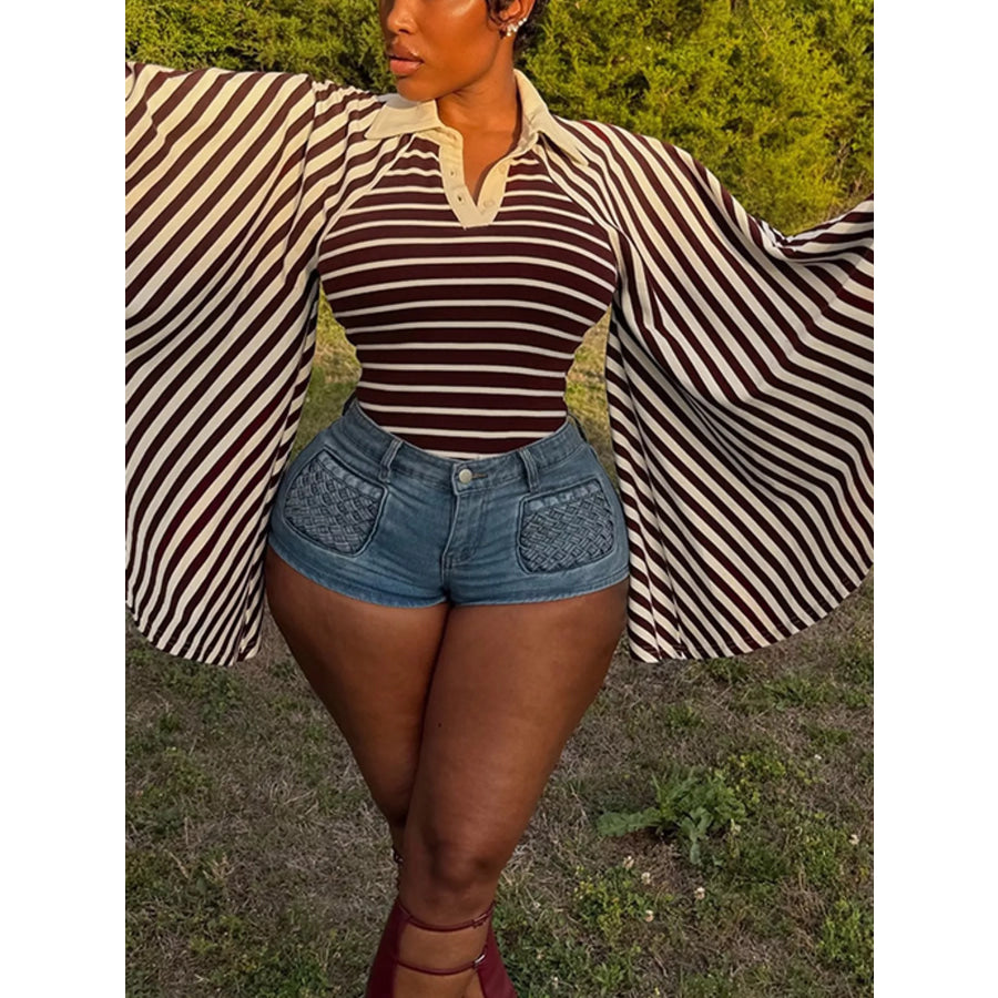 Striped Polo Collar Flare Sleeve Top Dark Brown / S Apparel and Accessories