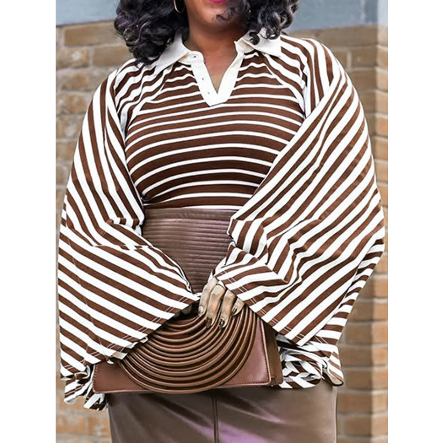 Striped Polo Collar Flare Sleeve Top Apparel and Accessories