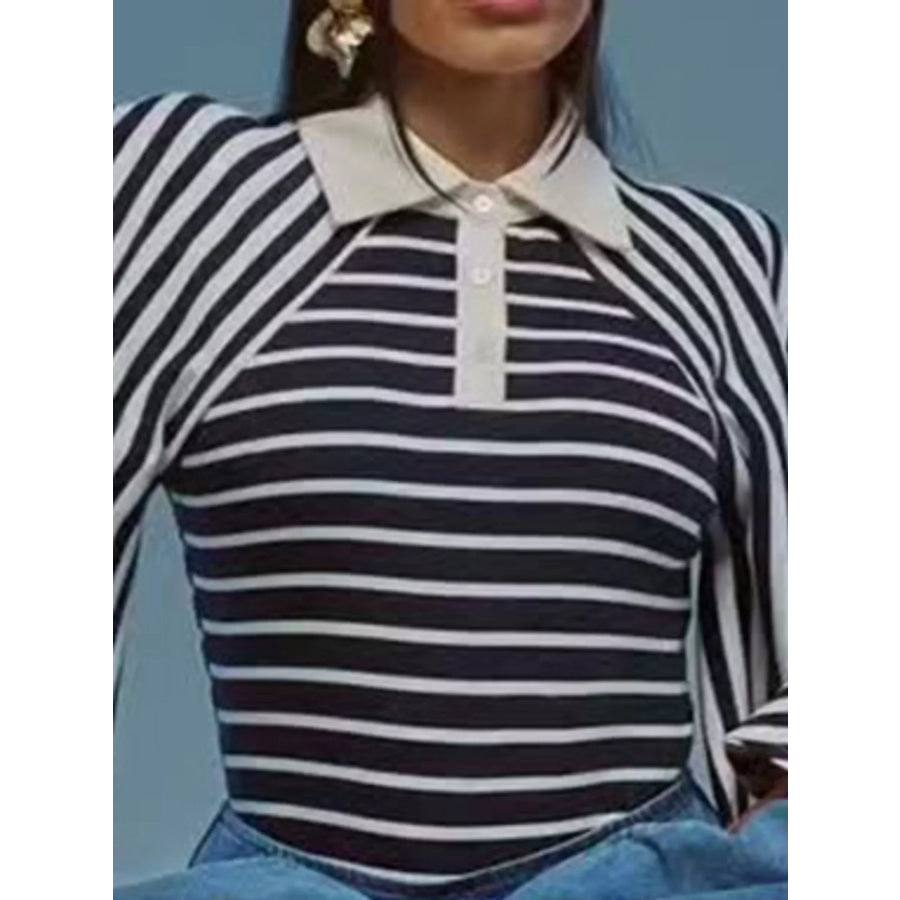 Striped Polo Collar Flare Sleeve Top Apparel and Accessories