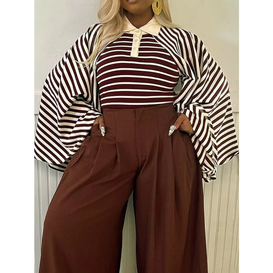 Striped Polo Collar Flare Sleeve Top Apparel and Accessories