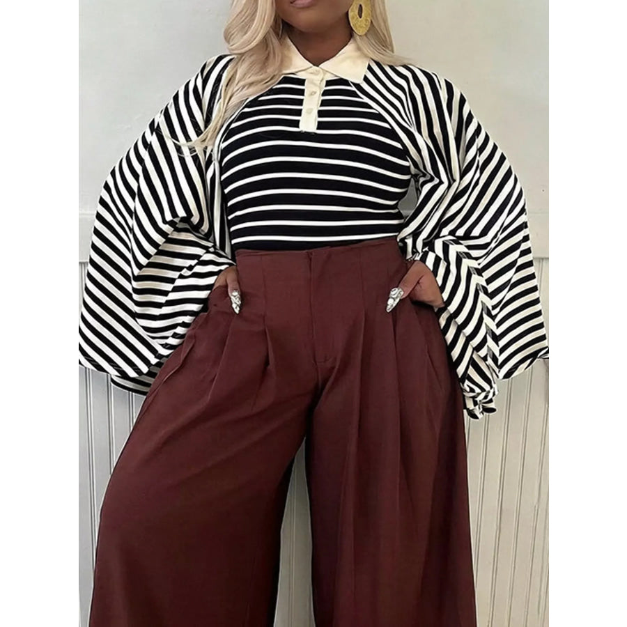 Striped Polo Collar Flare Sleeve Top Apparel and Accessories