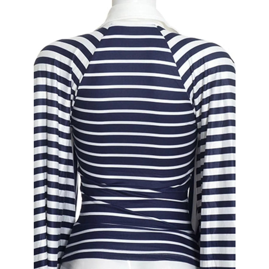 Striped Polo Collar Flare Sleeve Top Apparel and Accessories