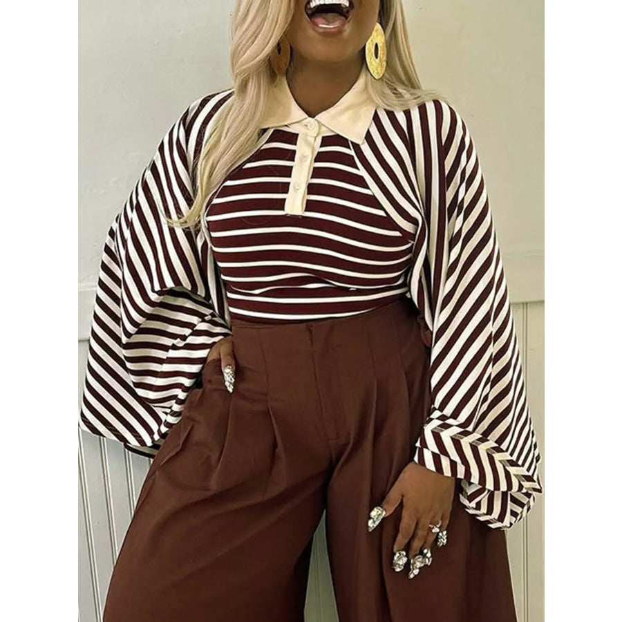 Striped Polo Collar Flare Sleeve Top Apparel and Accessories