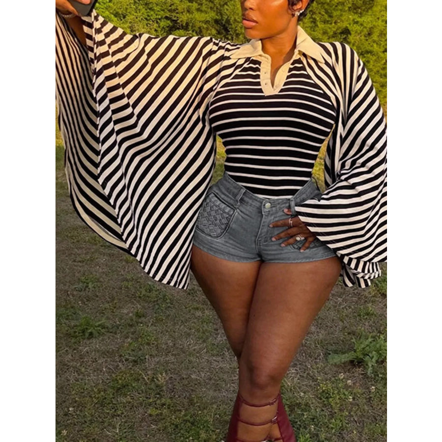 Striped Polo Collar Flare Sleeve Top Black / S Apparel and Accessories