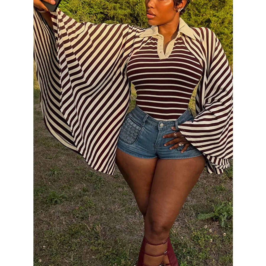 Striped Polo Collar Flare Sleeve Top Dark Brown / S Apparel and Accessories