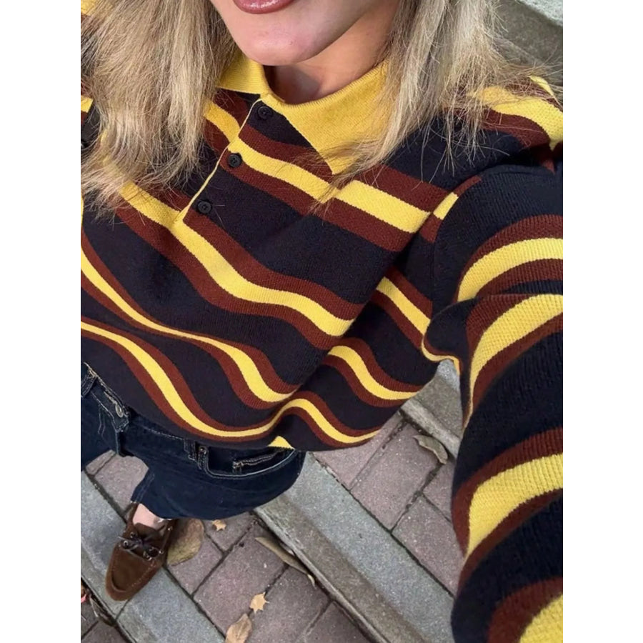 Striped Polo Collar Knit Sweater Apparel and Accessories