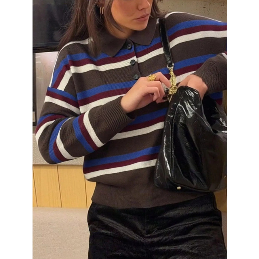 Striped Polo Collar Knit Sweater Apparel and Accessories