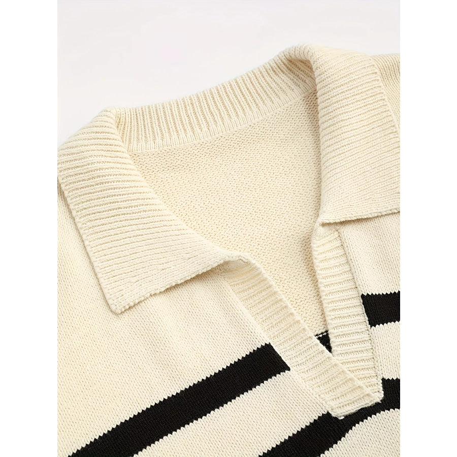 Striped Polo Collar Knit Sweater Apparel and Accessories