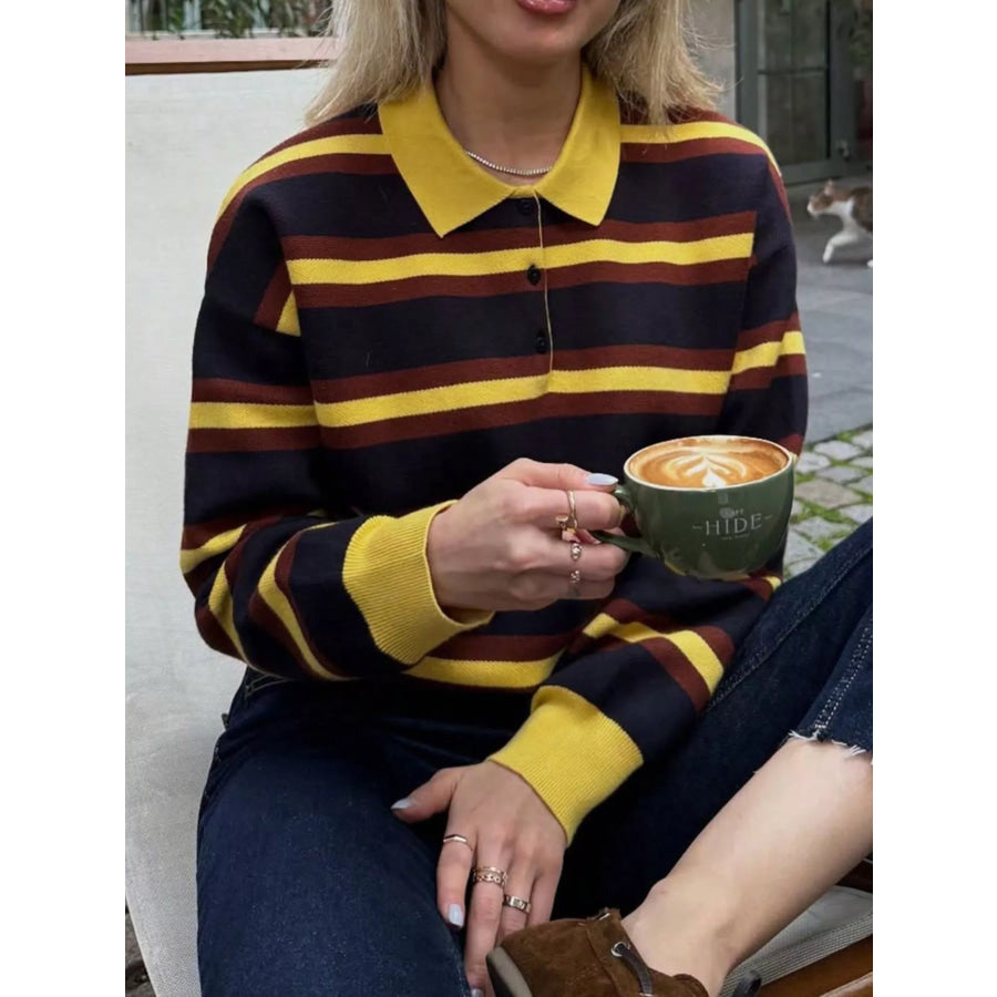 Striped Polo Collar Knit Sweater Apparel and Accessories