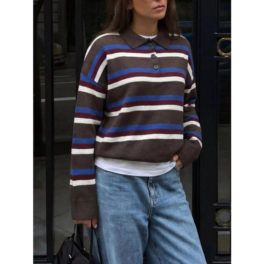 Striped Polo Collar Knit Sweater Apparel and Accessories