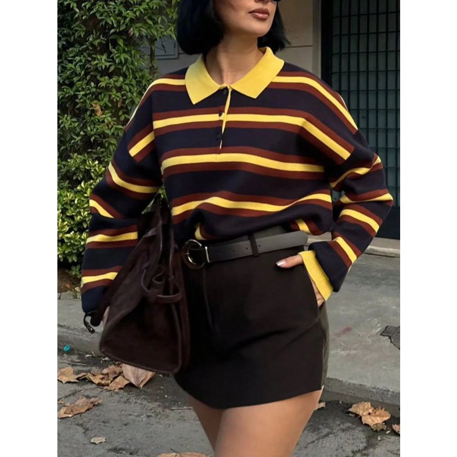Striped Polo Collar Knit Sweater Apparel and Accessories