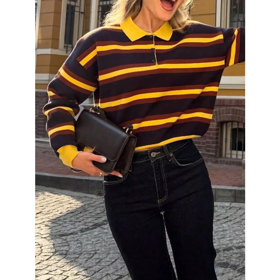 Striped Polo Collar Knit Sweater Apparel and Accessories