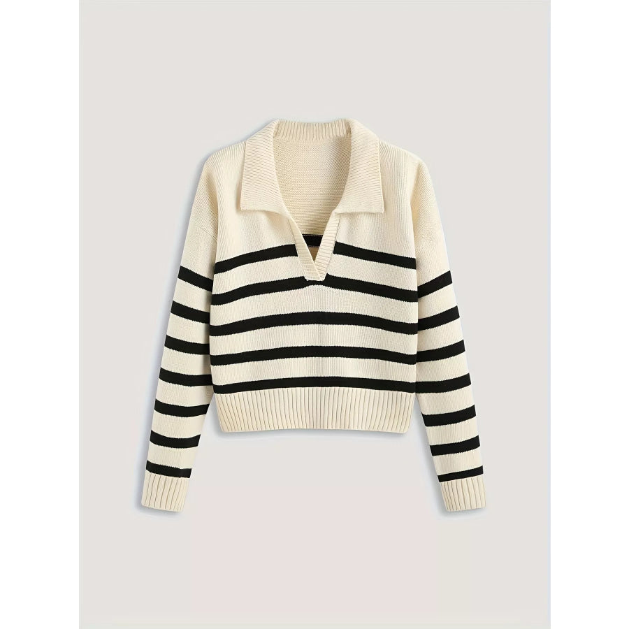 Striped Polo Collar Knit Sweater Apparel and Accessories