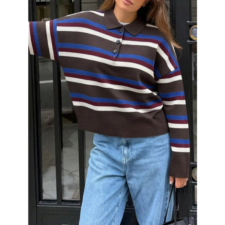 Striped Polo Collar Knit Sweater Apparel and Accessories