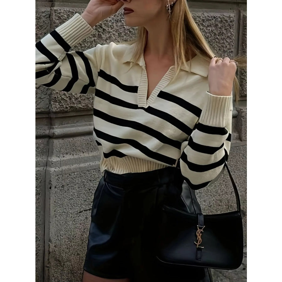 Striped Polo Collar Knit Sweater Apparel and Accessories