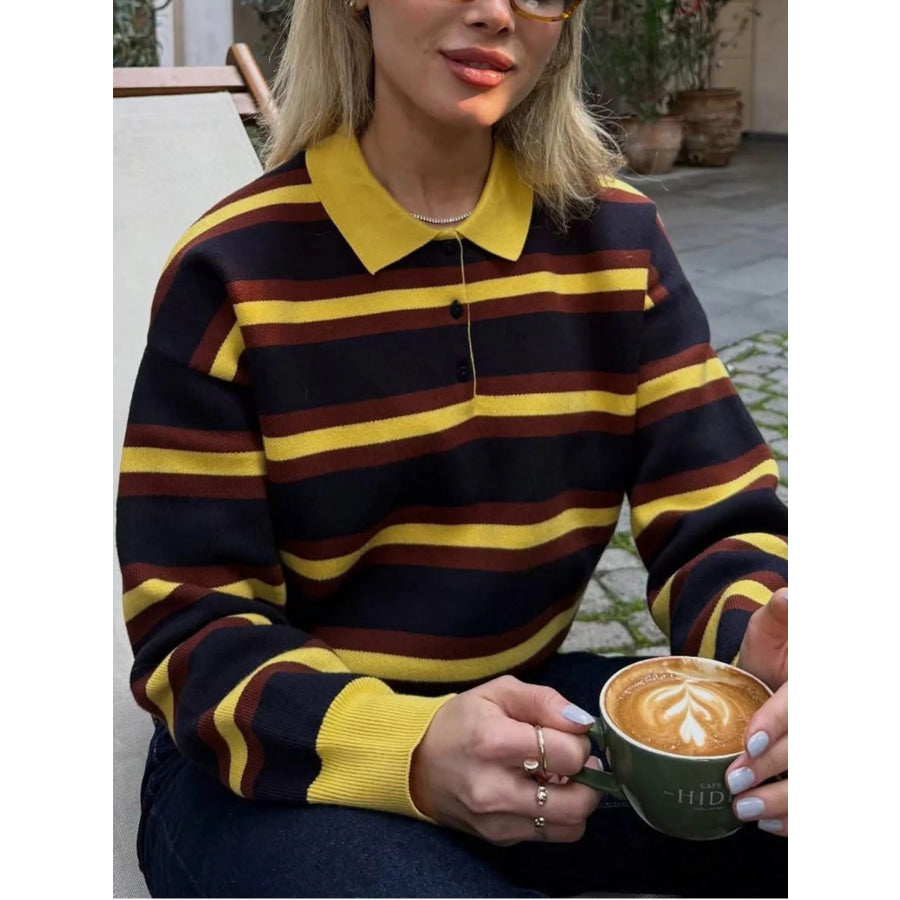 Striped Polo Collar Knit Sweater Apparel and Accessories