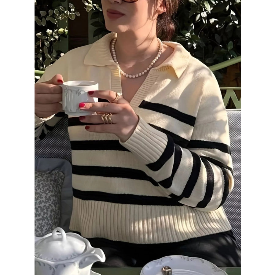 Striped Polo Collar Knit Sweater Stripe / S Apparel and Accessories