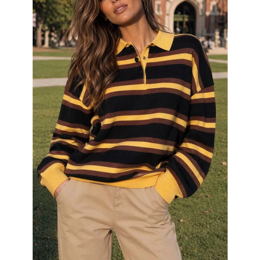 Striped Polo Collar Knit Sweater Yellow / S Apparel and Accessories