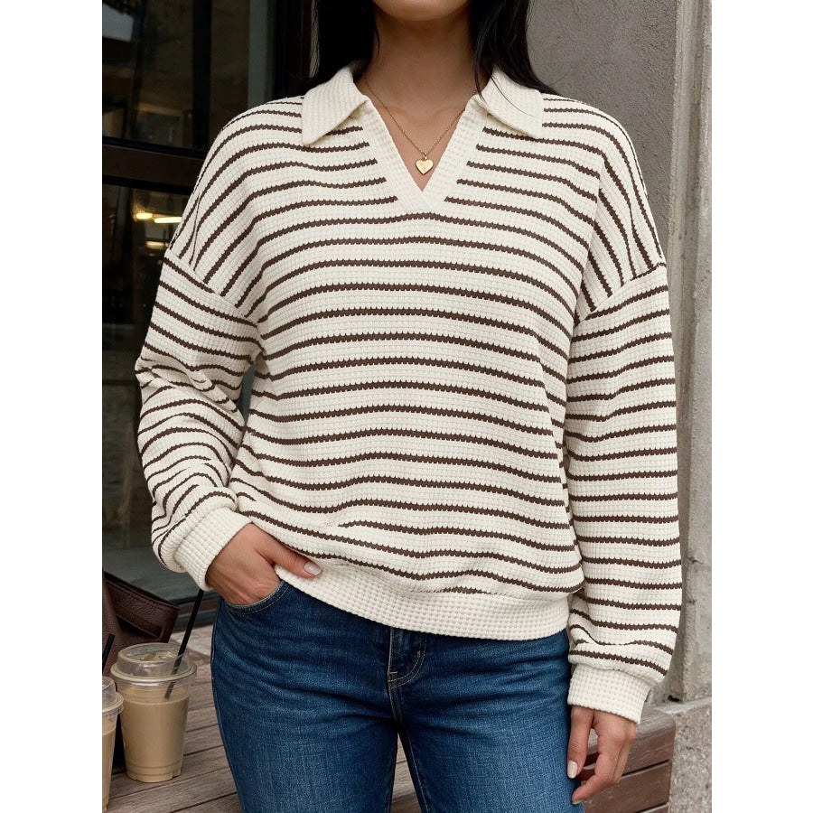 Striped Polo Collar Knit Sweatshirt Apparel and Accessories