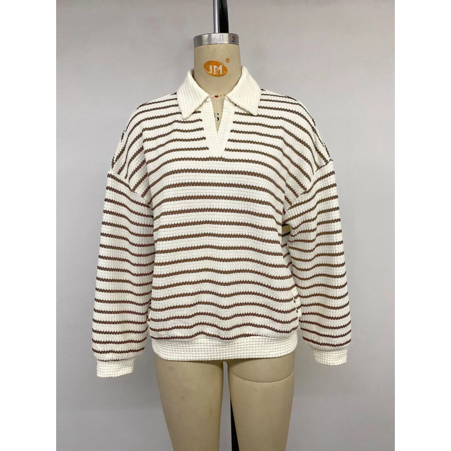 Striped Polo Collar Knit Sweatshirt Apparel and Accessories