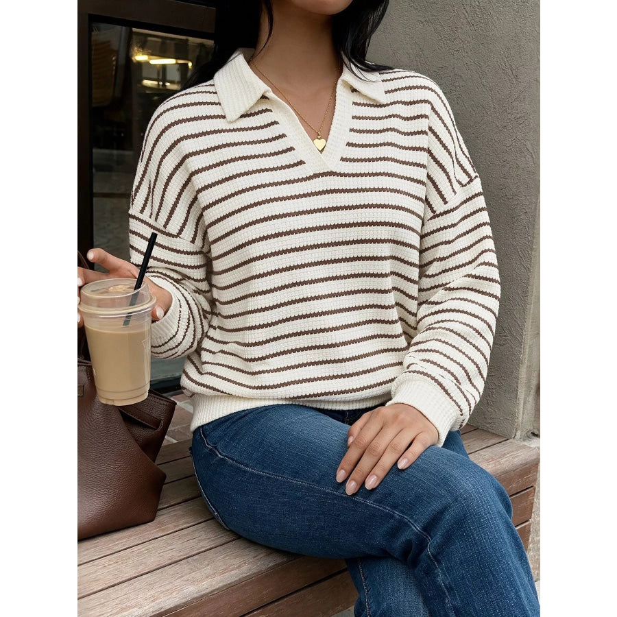 Striped Polo Collar Knit Sweatshirt Apparel and Accessories