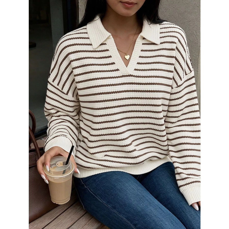 Striped Polo Collar Knit Sweatshirt Apparel and Accessories