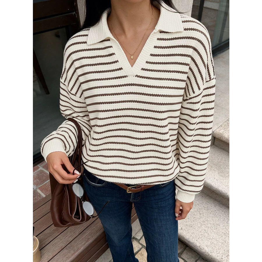 Striped Polo Collar Knit Sweatshirt Coffee Brown / S Apparel and Accessories