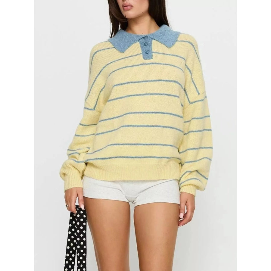 Striped Polo Collar Long Sleeve Sweater Apparel and Accessories