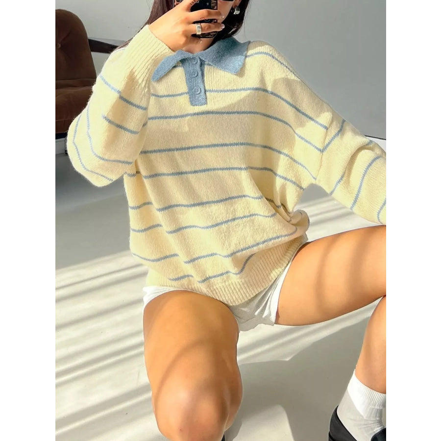 Striped Polo Collar Long Sleeve Sweater Apparel and Accessories