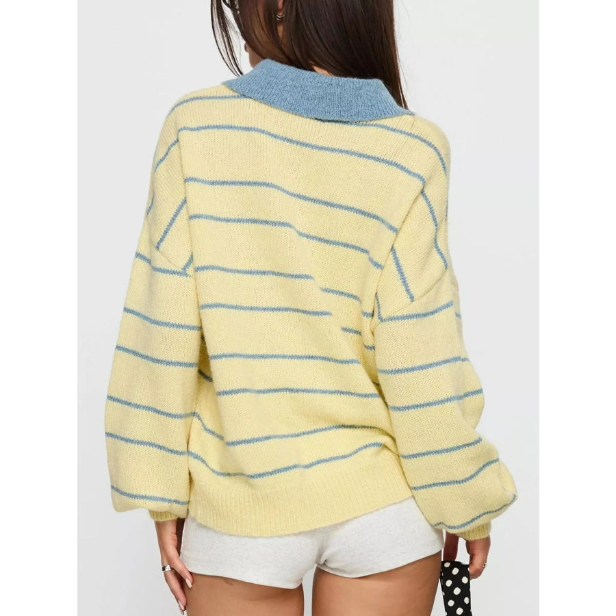 Striped Polo Collar Long Sleeve Sweater Apparel and Accessories