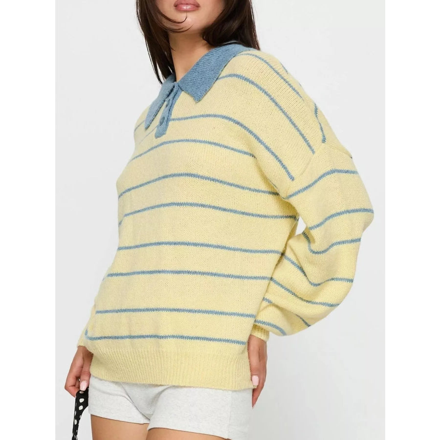 Striped Polo Collar Long Sleeve Sweater Apparel and Accessories