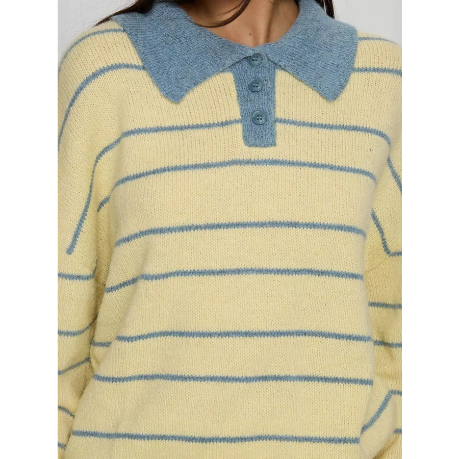 Striped Polo Collar Long Sleeve Sweater Apparel and Accessories
