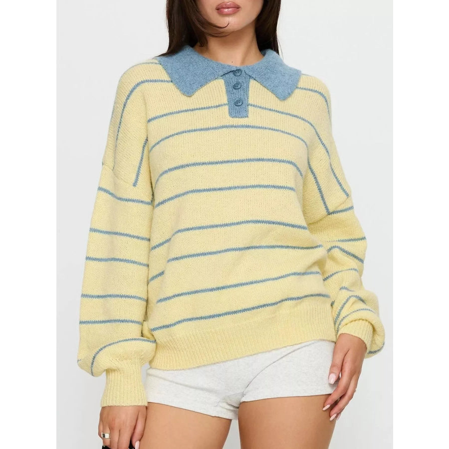 Striped Polo Collar Long Sleeve Sweater Yellow / S Apparel and Accessories