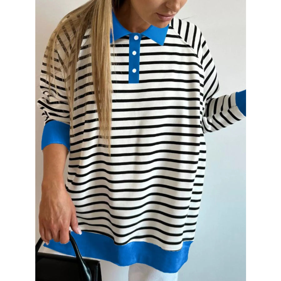 Striped Polo Collar Long Sleeve Sweatshirt Apparel and Accessories