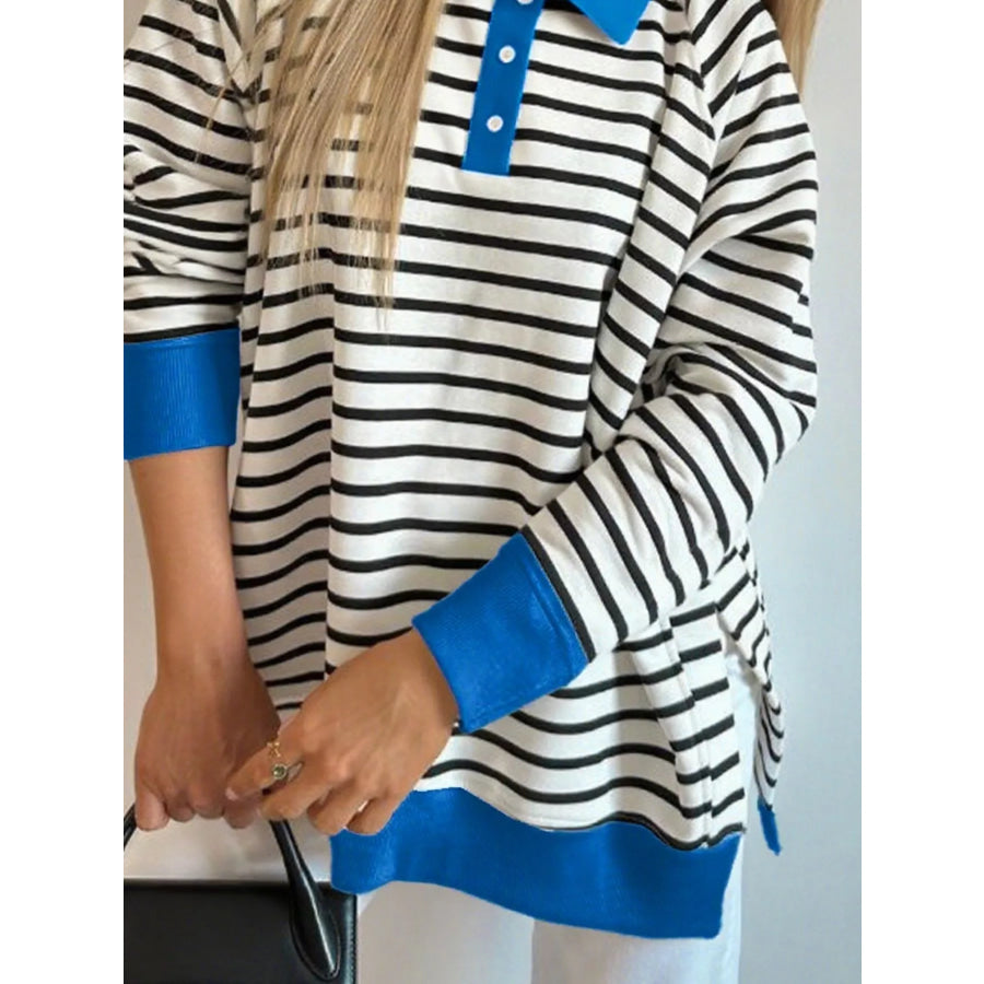 Striped Polo Collar Long Sleeve Sweatshirt Apparel and Accessories