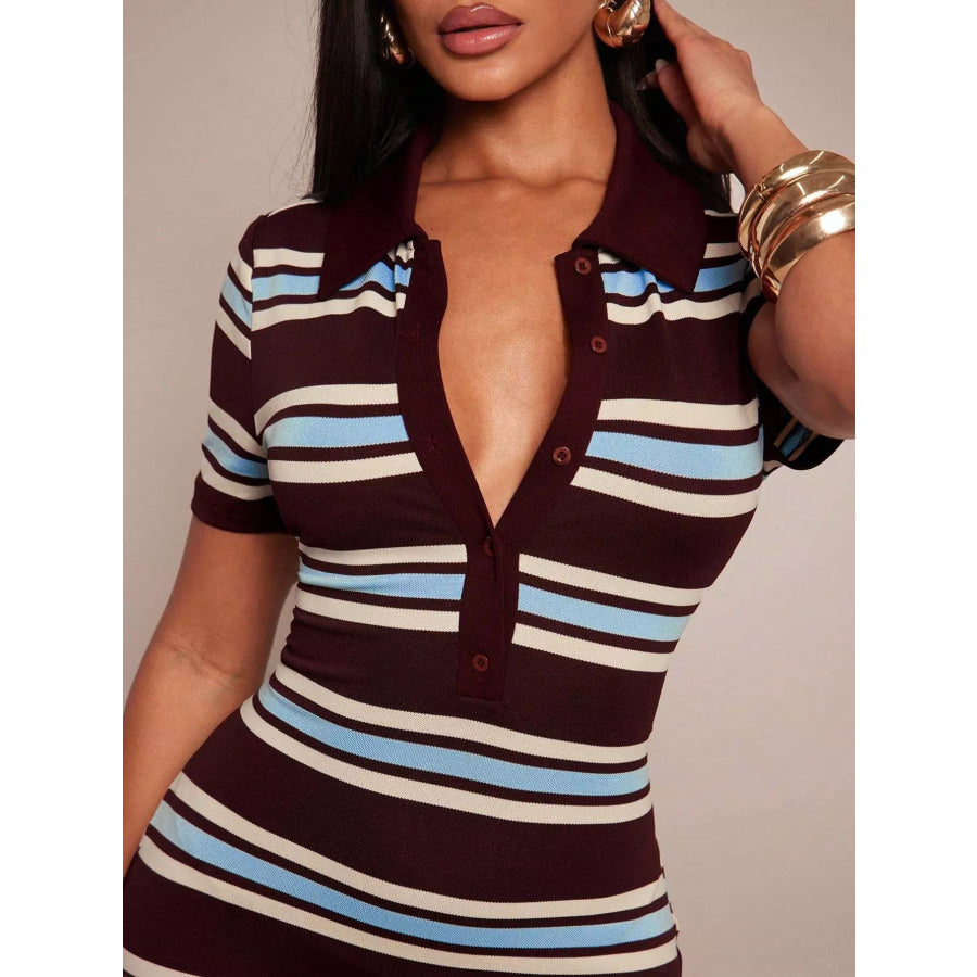 Striped Polo Collar Midi Dress Apparel and Accessories