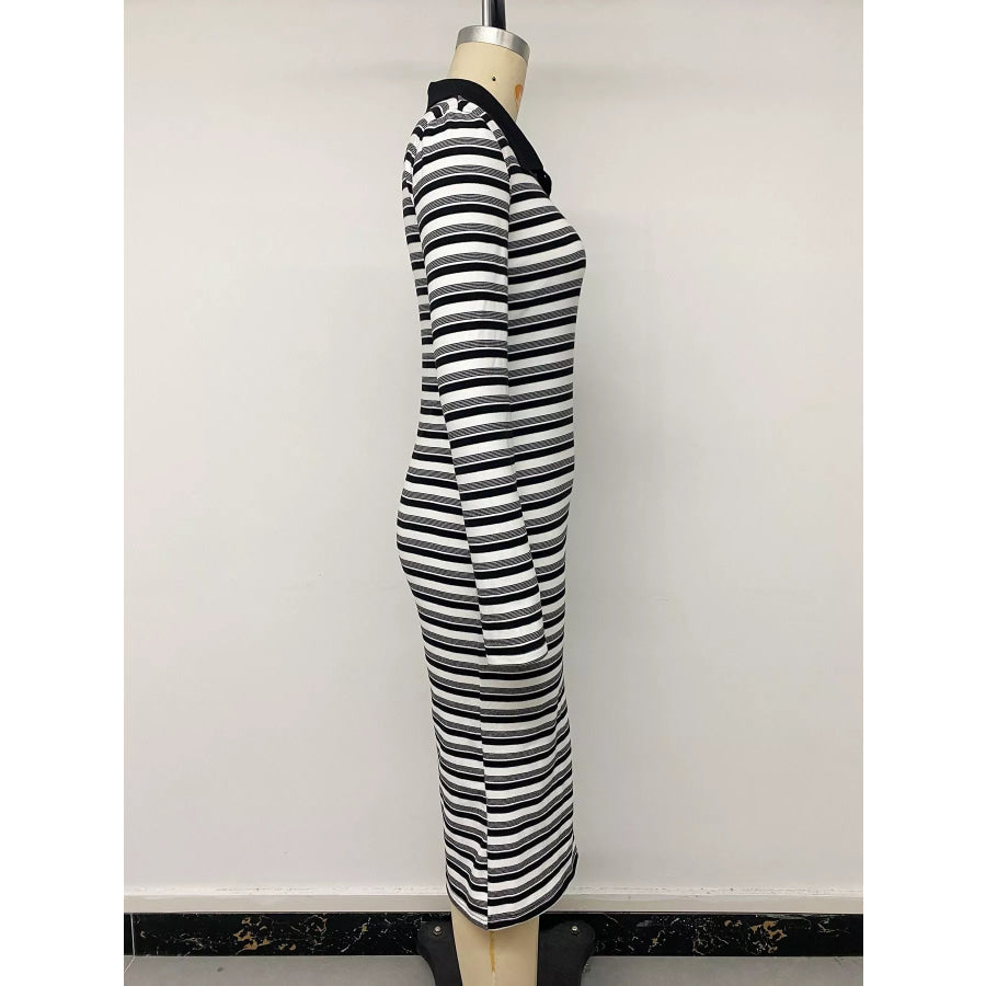 Striped Polo Collar Midi Dress Apparel and Accessories